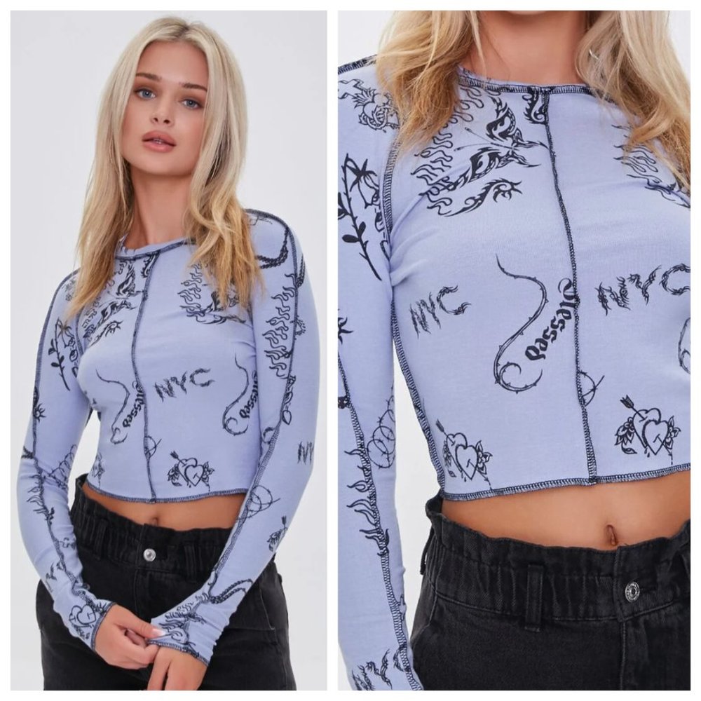 F21 Blue NYC Tattoo Print Long Sleeve Ribbed Seam T-Shirt Crop Top